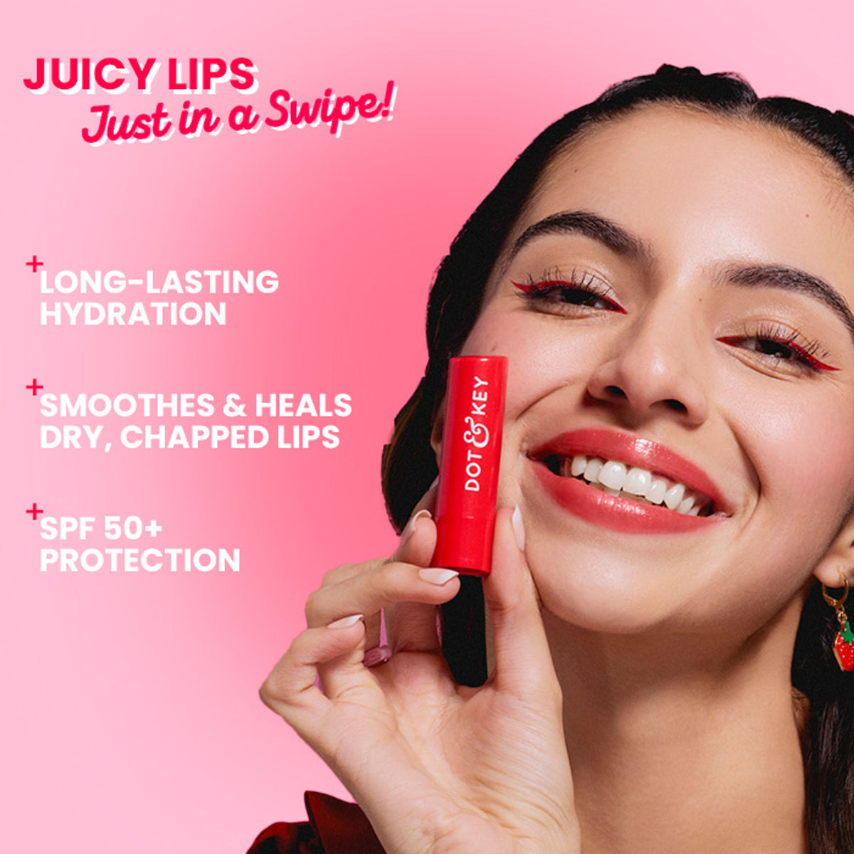 Dot & Key Barrier Repair Hydrating Lip Balm SPF 50 with ceramides and peptides in strawberry red, showing the lip balm tube and strawberry flavor.