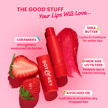 Dot & Key Barrier Repair Hydrating Lip Balm SPF 50 with ceramides and peptides in strawberry red, showing the balm tube and vibrant color.