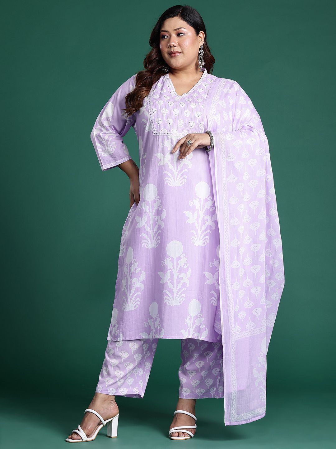 Indyancart Women's Plus Size Floral Printed Sequinned Pure Cotton Kurta with Trousers & With Dupatta