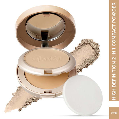 GLAM21 High Definition Compact Powder 2in1 in Beige 03, close-up of the beige pressed powder in compact case