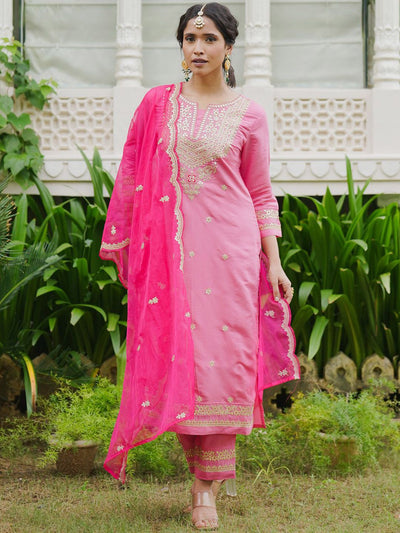 Indyancart IE Ethnic Motifs Embroidered Thread Work Kurta with Trousers & Dupatta