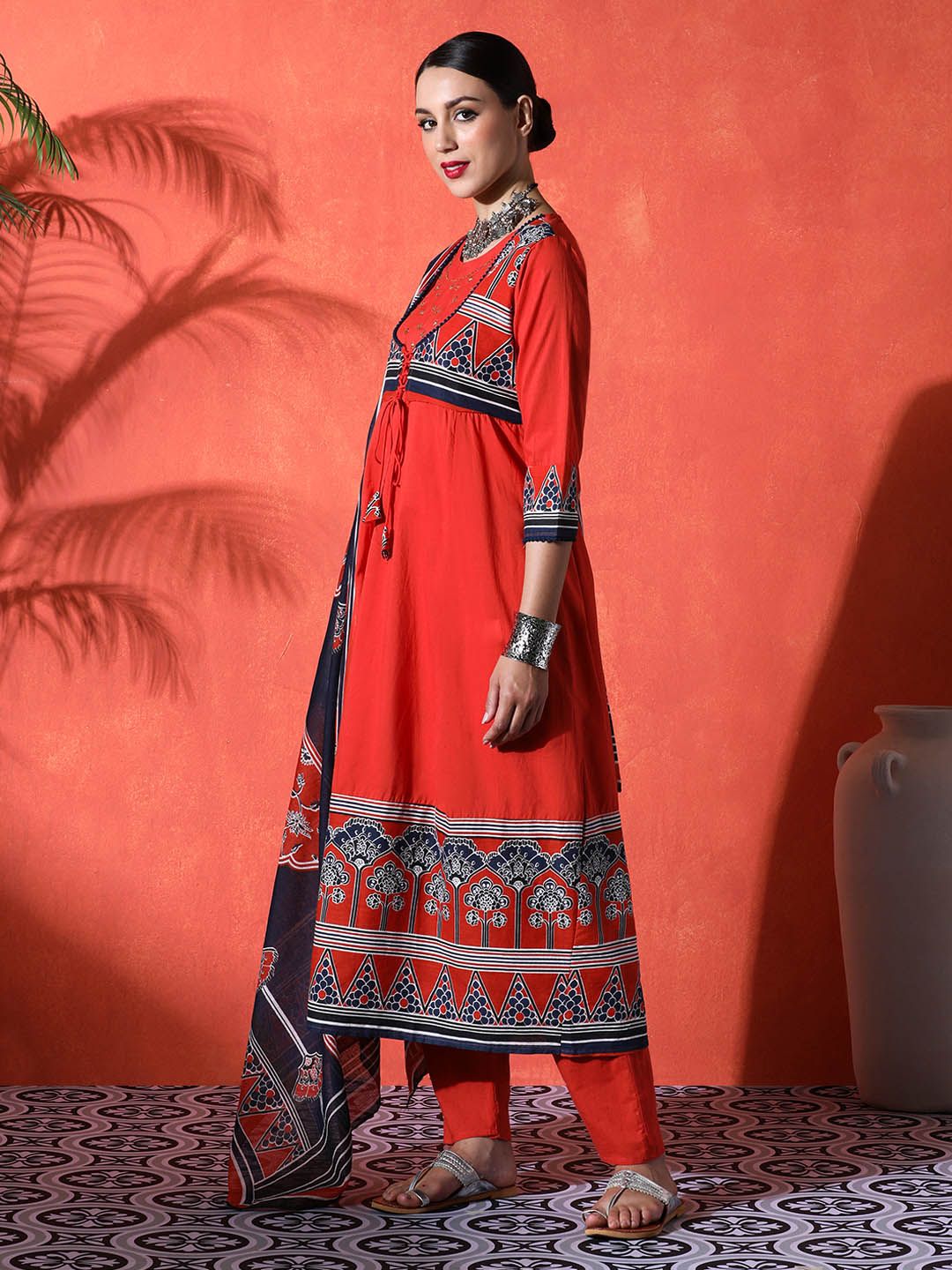 Indyancart SN Women's Floral Embroidered 100% Cotton Round Neck Kurta & Trousers With Dupatta