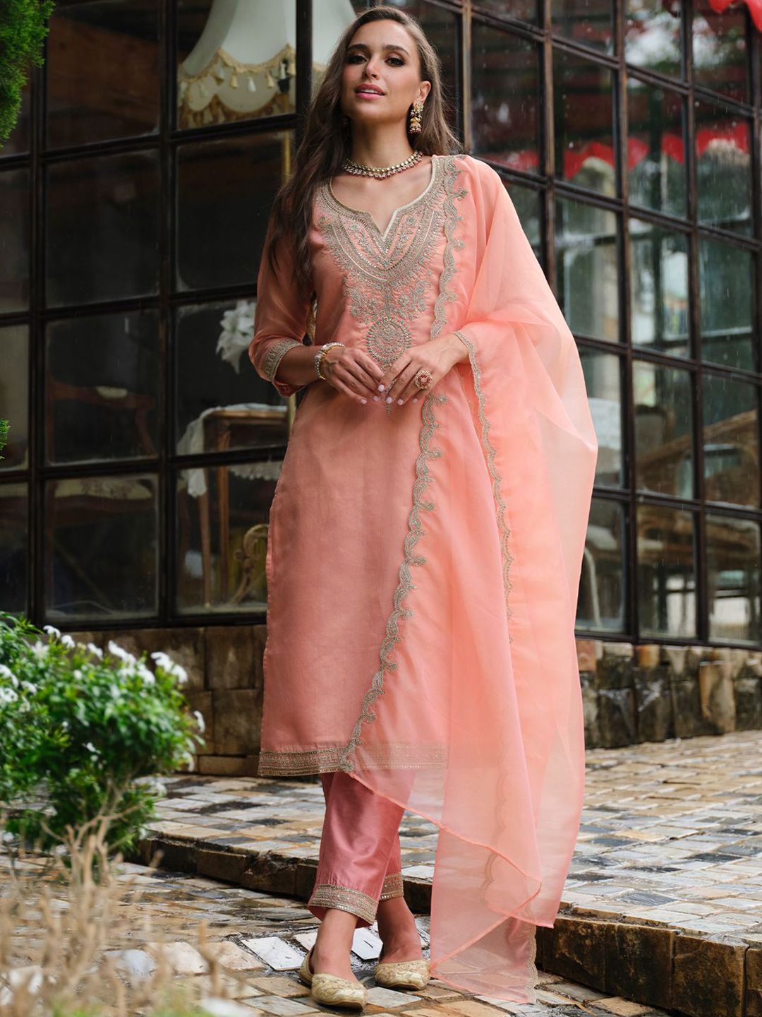 Indyancart IE Floral Yoke Design Notch Neck Straight Kurta With Trousers & Dupatta