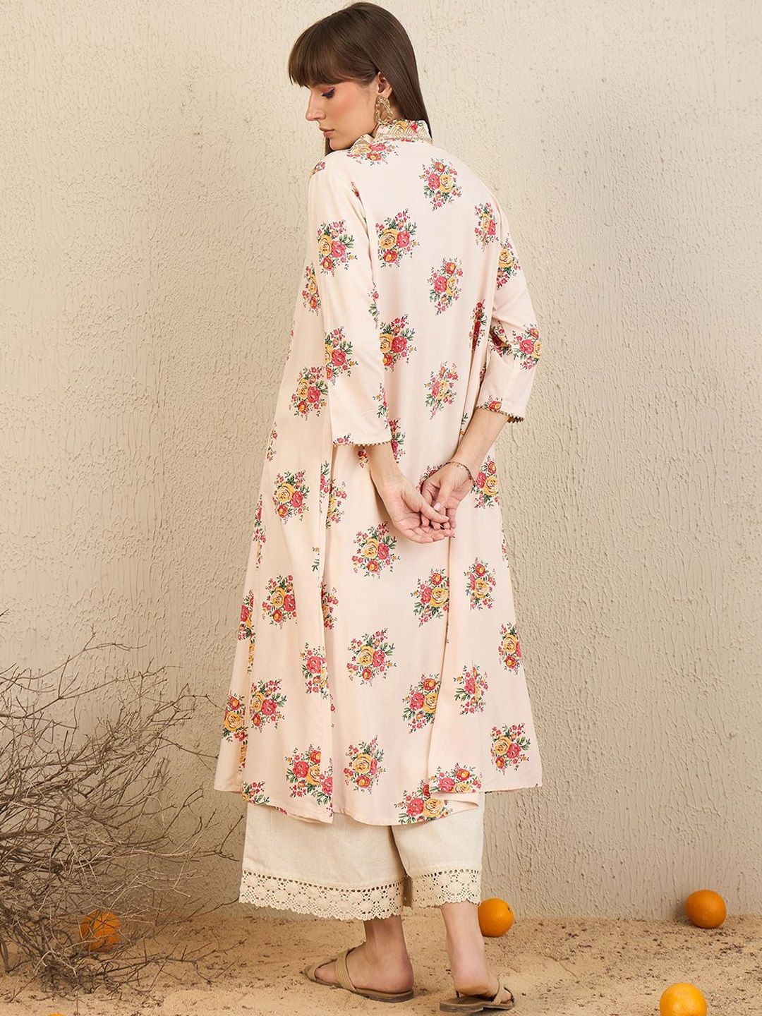 Indyancart IE Pack Of 2 Floral Embroidered V-Neck Zari Panelled A-Line Kurta