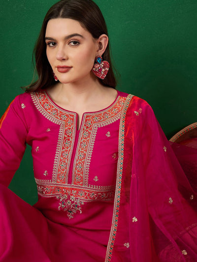 Indyancart SN Women's Notch Neck Embroidered Straight Kurta With Trouser & Dupatta Set