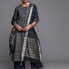 Indyancart IE Women Navy Blue Ethnic Motifs Foil Print Sequinned Kurta with Palazzos & Dupatta