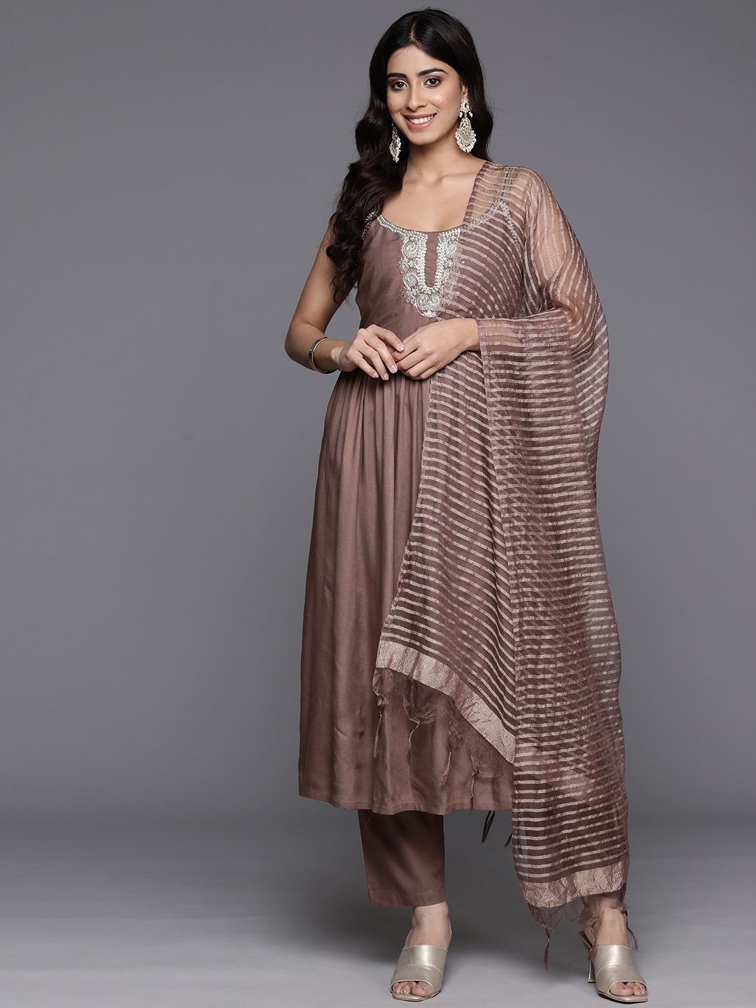 Indyancart VA Women'sEmbroidered Pleated Anarkali Zari Kurta with Trousers & Dupatta