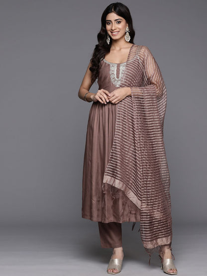 Indyancart VA Women'sEmbroidered Pleated Anarkali Zari Kurta with Trousers & Dupatta