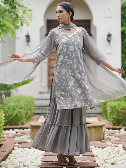 Indyancart IE Floral Embroidered Kurta With Sharara & Dupatta