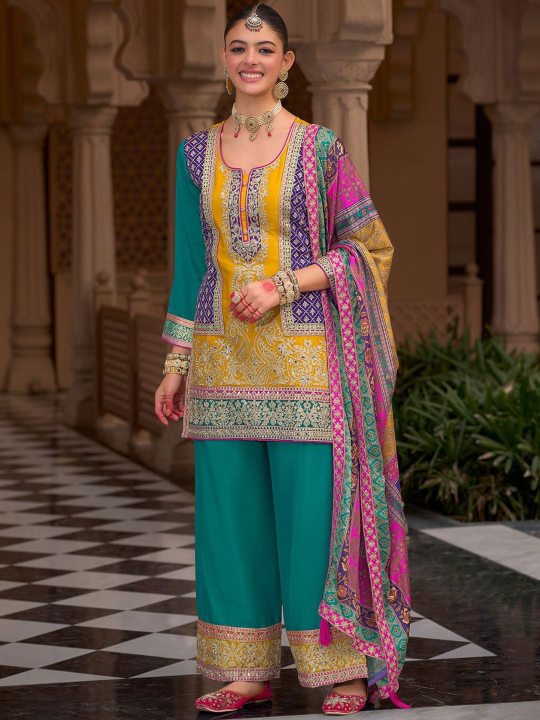 Dhiyona IE Floral Embroidered Notch Neck Mirror Work Kurta With Palazzos & Dupatta