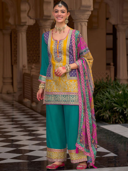 Dhiyona IE Floral Embroidered Notch Neck Mirror Work Kurta With Palazzos & Dupatta