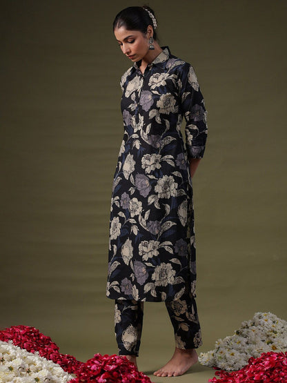 Dhiyona IE Black Floral Printed Shirt Collar Straight Pure Cotton Kurta With Trouser