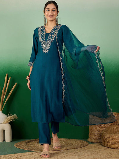 Indyancart SN Women's Teal Green Floral Embroidered V-Neck Straight Kurta With Trouser & Dupatta