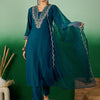 Dhiyona SN Women's Teal Green Floral Embroidered V-Neck Straight Kurta With Trouser & Dupatta
