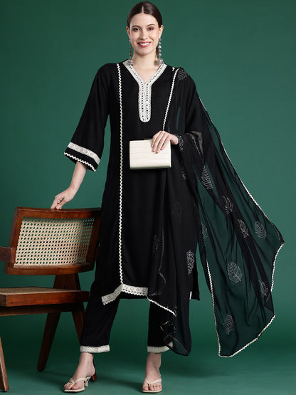 Dhiyona IE Embroidered Panelled Mirror Work Kurta With Trousers & Dupatta