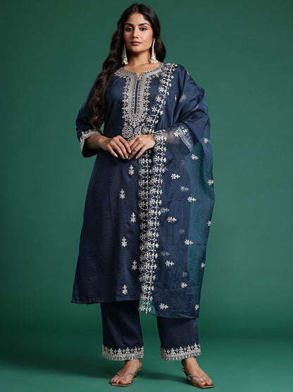 Indyancart IE Ethnic Motifs Embroidered Kurta with Trousers & Dupatta