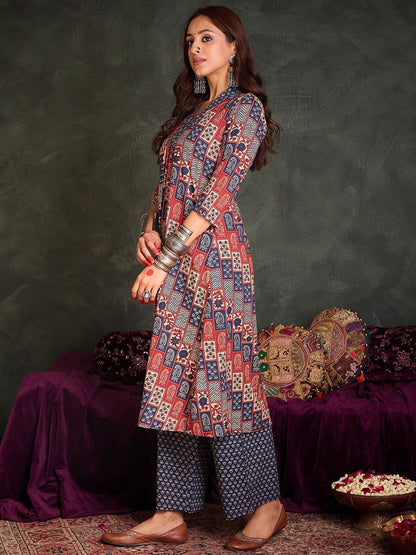 Indyancart IE Printed Square Neck Pure Cotton Tunic With Trouser