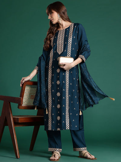 Indyancart IE Ethnic Motifs Embroidered Panelled Sequinned Kurta with Trousers & With Dupatta