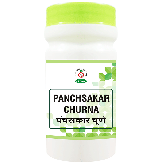 Chirayu Panchsakar Churna Ayurvedic herbal powder in a glass jar, showing the fine, light-colored churna for digestion.