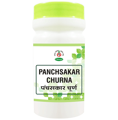 Chirayu Panchsakar Churna Ayurvedic herbal powder in a glass jar, showing the fine, light-colored churna for digestion.