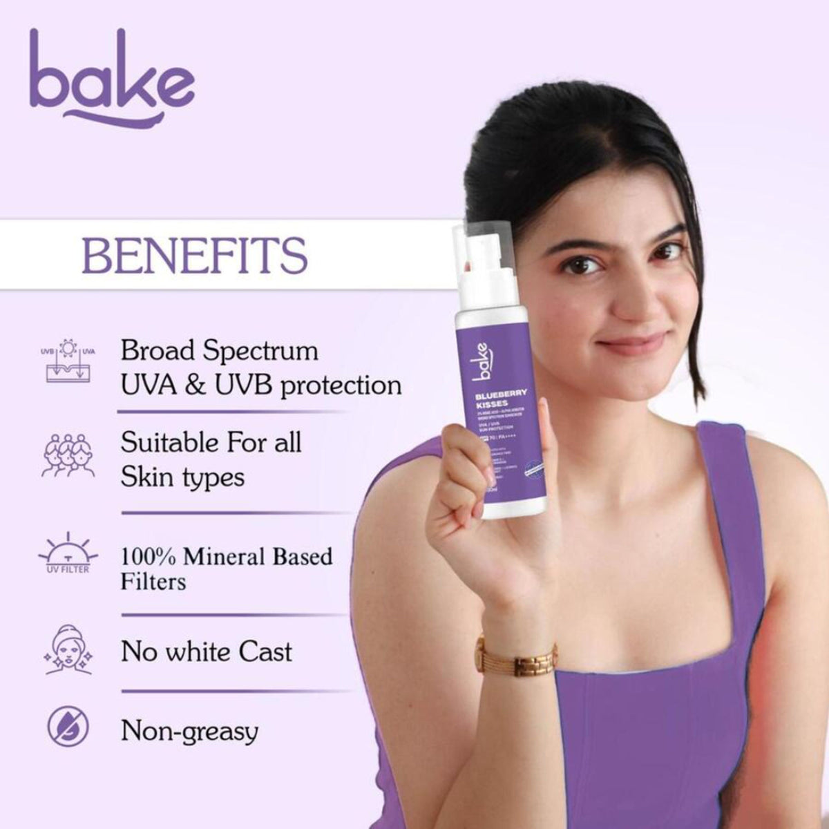 BAKE Blueberry Kisses 100% Mineral Sunscreen SPF 70 PA++++ with 2% Kojic Acid, Alpha Arbutin