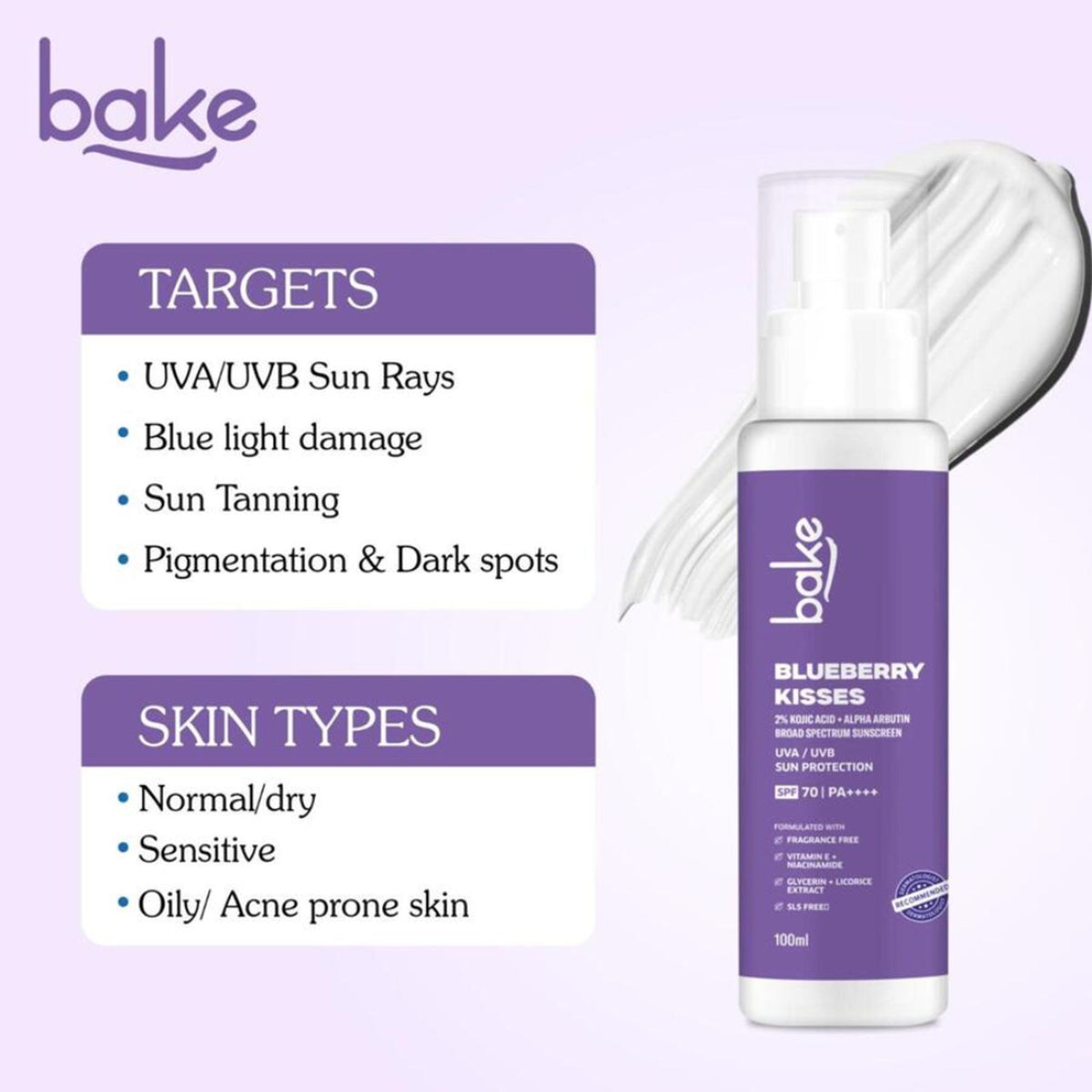 BAKE Blueberry Kisses 100% Mineral Sunscreen SPF 70 PA++++ with 2% Kojic Acid, Alpha Arbutin