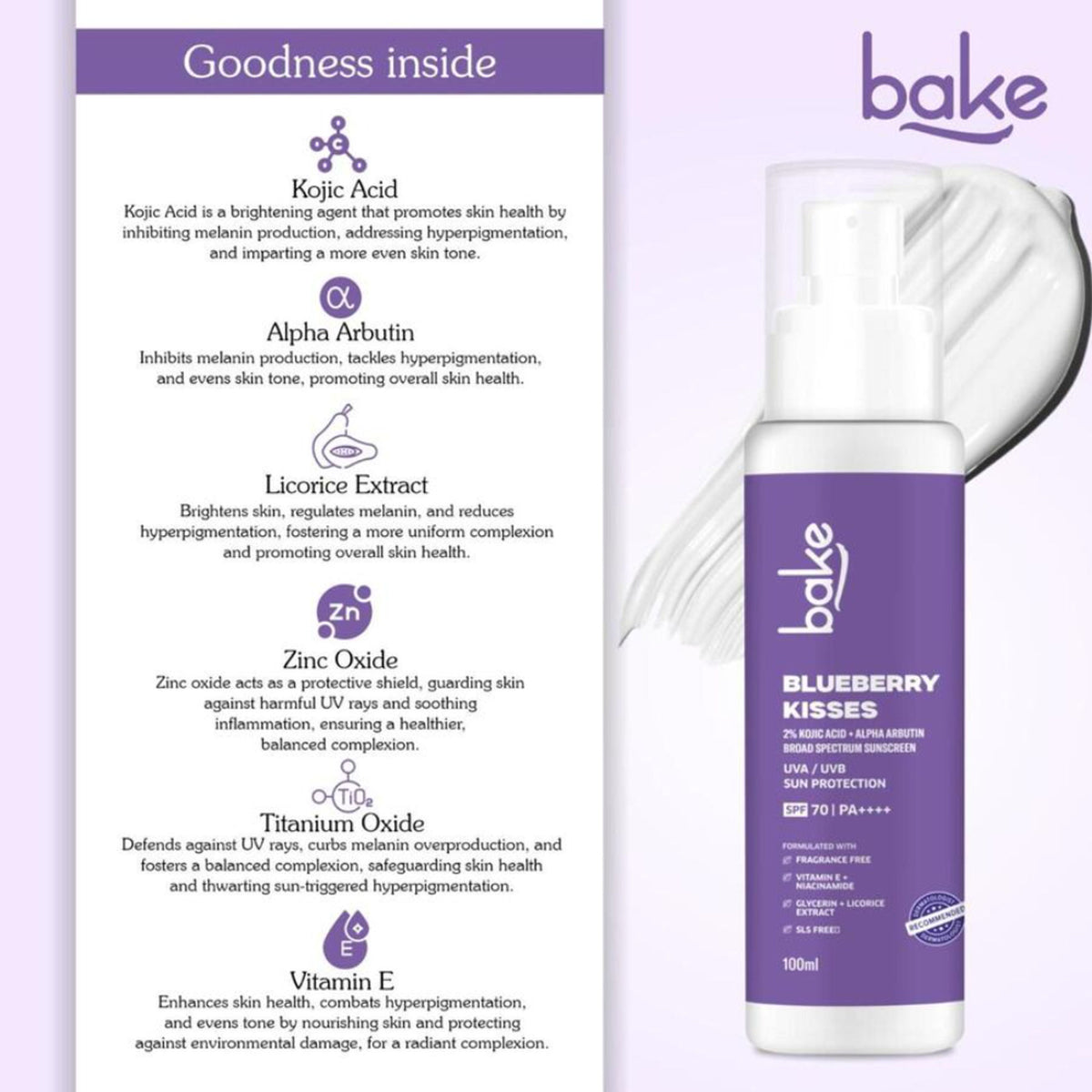 BAKE Blueberry Kisses 100% Mineral Sunscreen SPF 70 PA++++ with 2% Kojic Acid, Alpha Arbutin