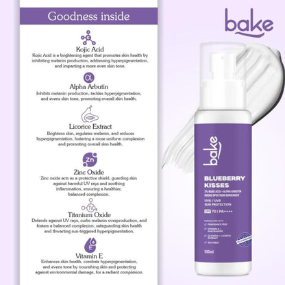 BAKE Blueberry Kisses 100% Mineral Sunscreen SPF 70 PA++++ with 2% Kojic Acid, Alpha Arbutin