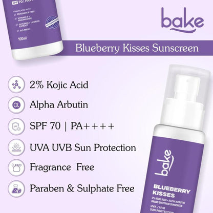 BAKE Blueberry Kisses 100% Mineral Sunscreen SPF 70 PA++++ with 2% Kojic Acid, Alpha Arbutin