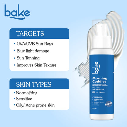 BAKE Morning Cuddles 100% Mineral Sunscreen SPF 70 PA++++ with 5% Niacinamide, Multi Peptides