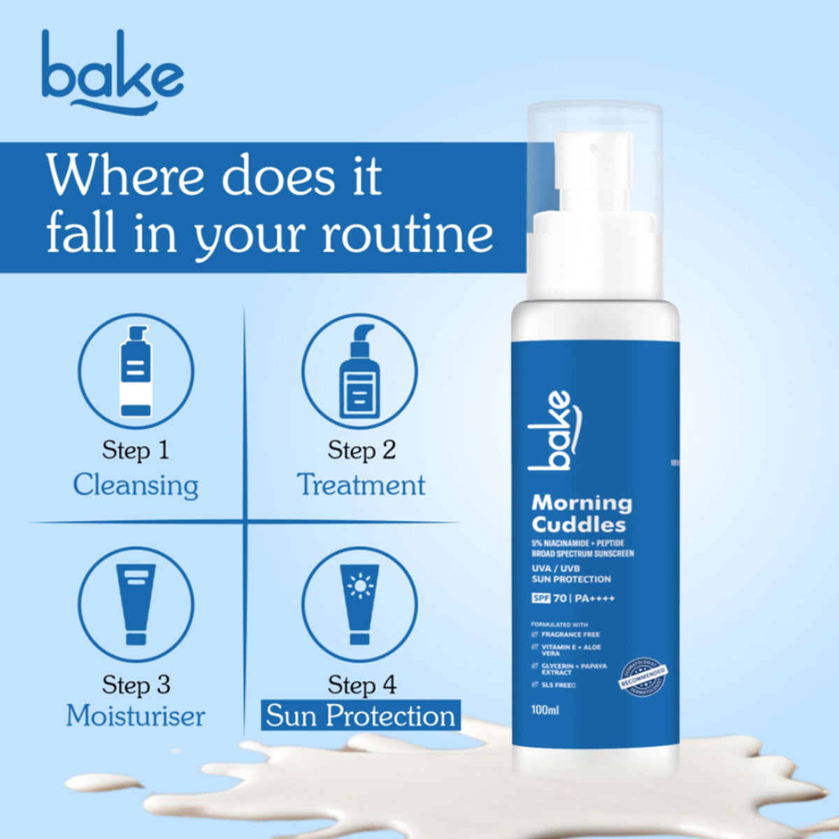 BAKE Morning Cuddles 100% Mineral Sunscreen SPF 70 PA++++ with 5% Niacinamide, Multi Peptides