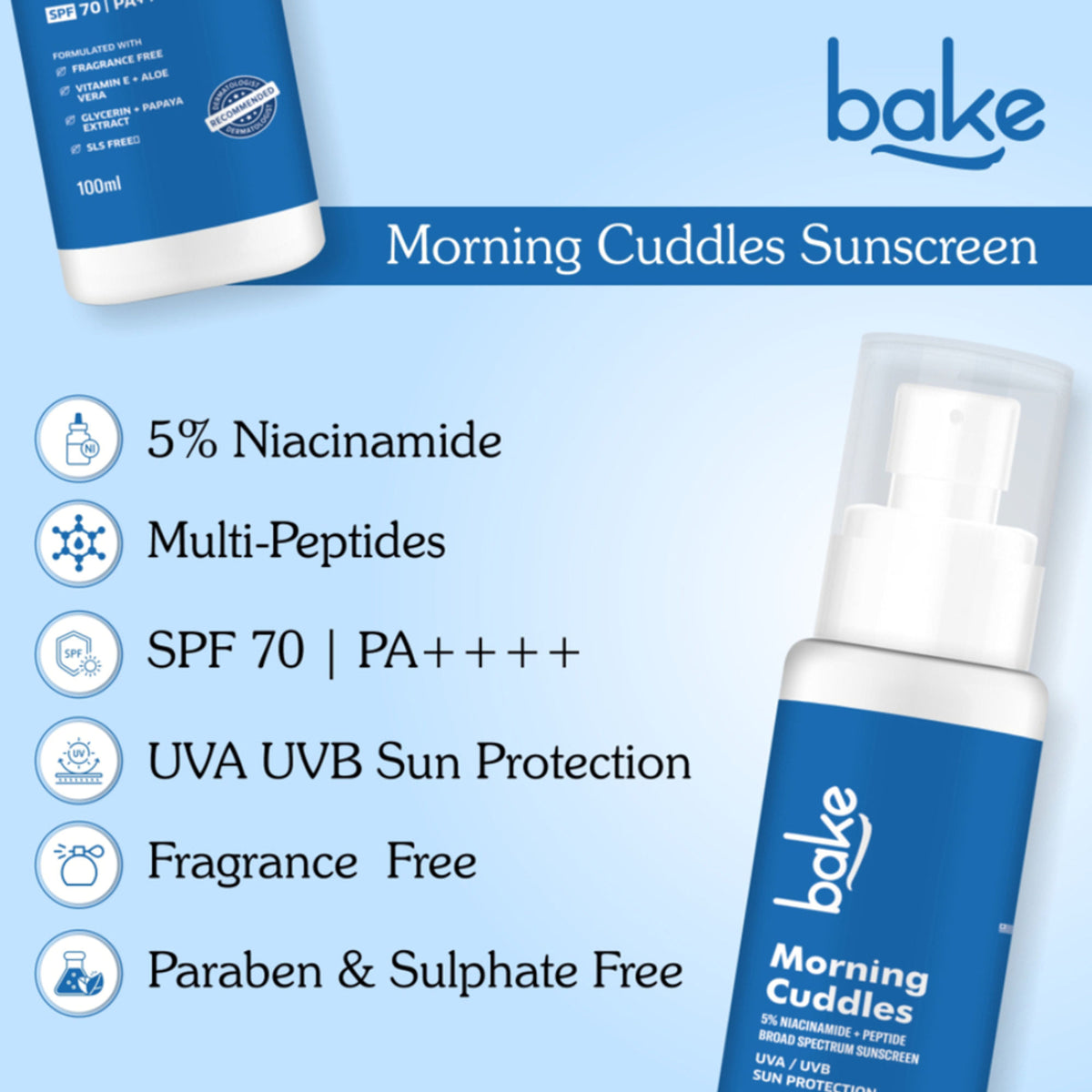 BAKE Morning Cuddles 100% Mineral Sunscreen SPF 70 PA++++ with 5% Niacinamide, Multi Peptides