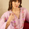 Dhiyona IE Lavender Floral Embroidered V-Neck Straight Kurta with Trousers & Dupatta