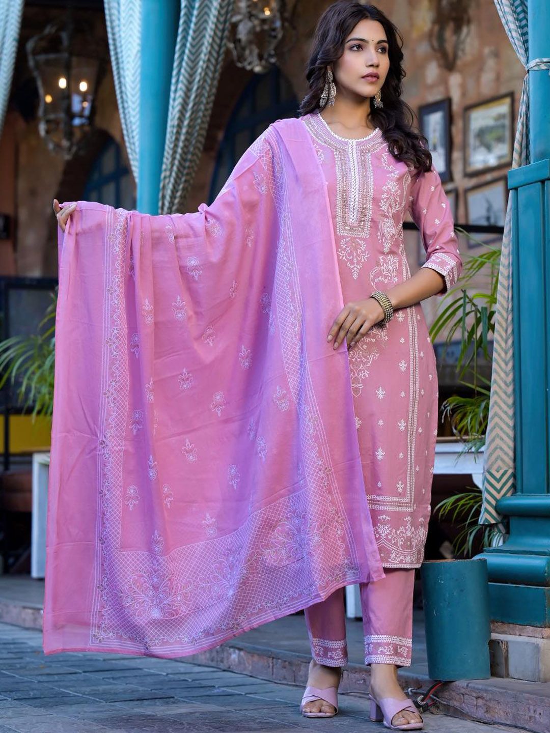Indyancart VA Women'sFloral Printed Regular Miirror Work Pure Cotton Kurta With Trouser & Dupatta