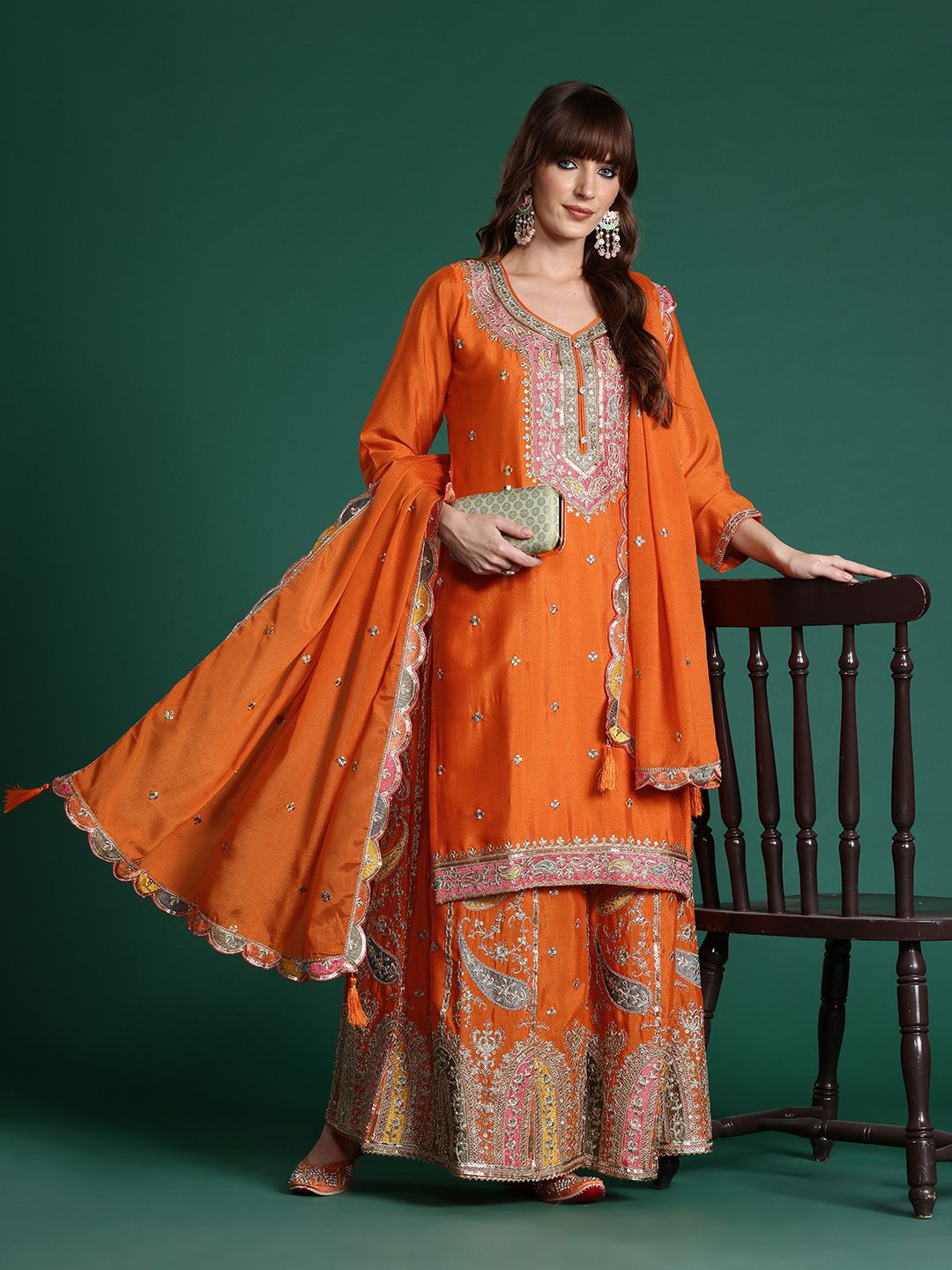 Paisley Embroidered Sequinned Kurta with Palazzos & With Dupatta