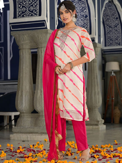 Indyancart VA Women's Bandhani Dyed Regular Gotta Patti Kurta with Trousers & With Dupatta