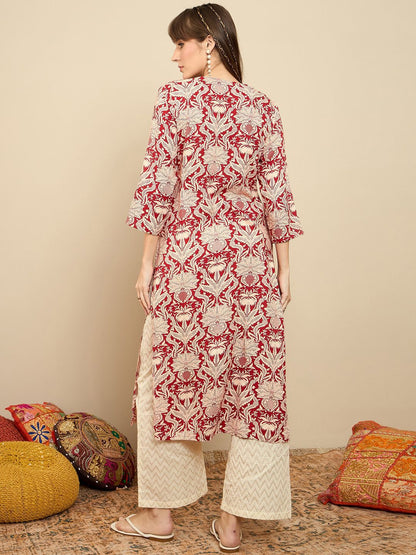 Indyancart IE Floral Printed Round Neck Straight Kurta