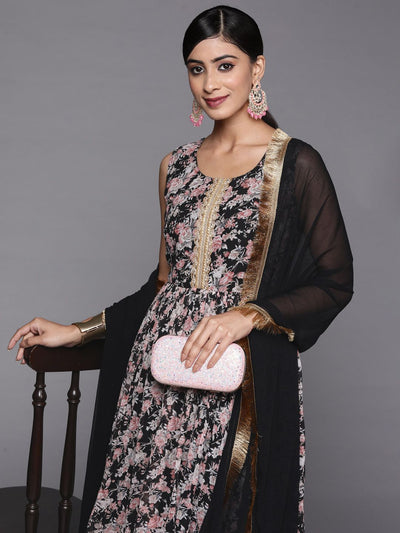 Indyancart VA Women's Black Floral Printed Empire Kurta with Sharara & With Dupatta