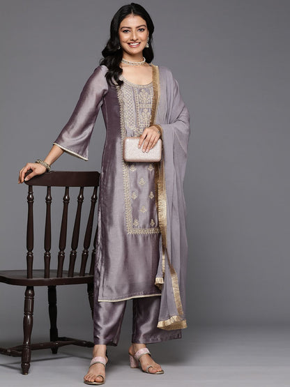 Indyancart VA Ethnic Motifs Embroidered Zari Kurta With Palazzos & Dupatta