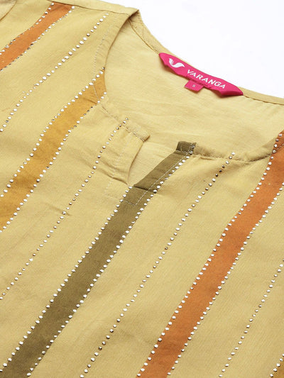 Indyancart VA Women's Yellow Striped Mukaish Kurta with Sharara & With Dupatta