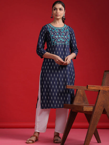 Indyancart IE Ethnic Motifs Round Neck Regular Mirror Work Straight Kurta Kurta