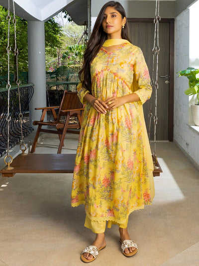 Indyancart SN Women's Alia Cut Floral Printed Mirror Work Pure Cotton A Line Kurta With Trousers & Dupatta