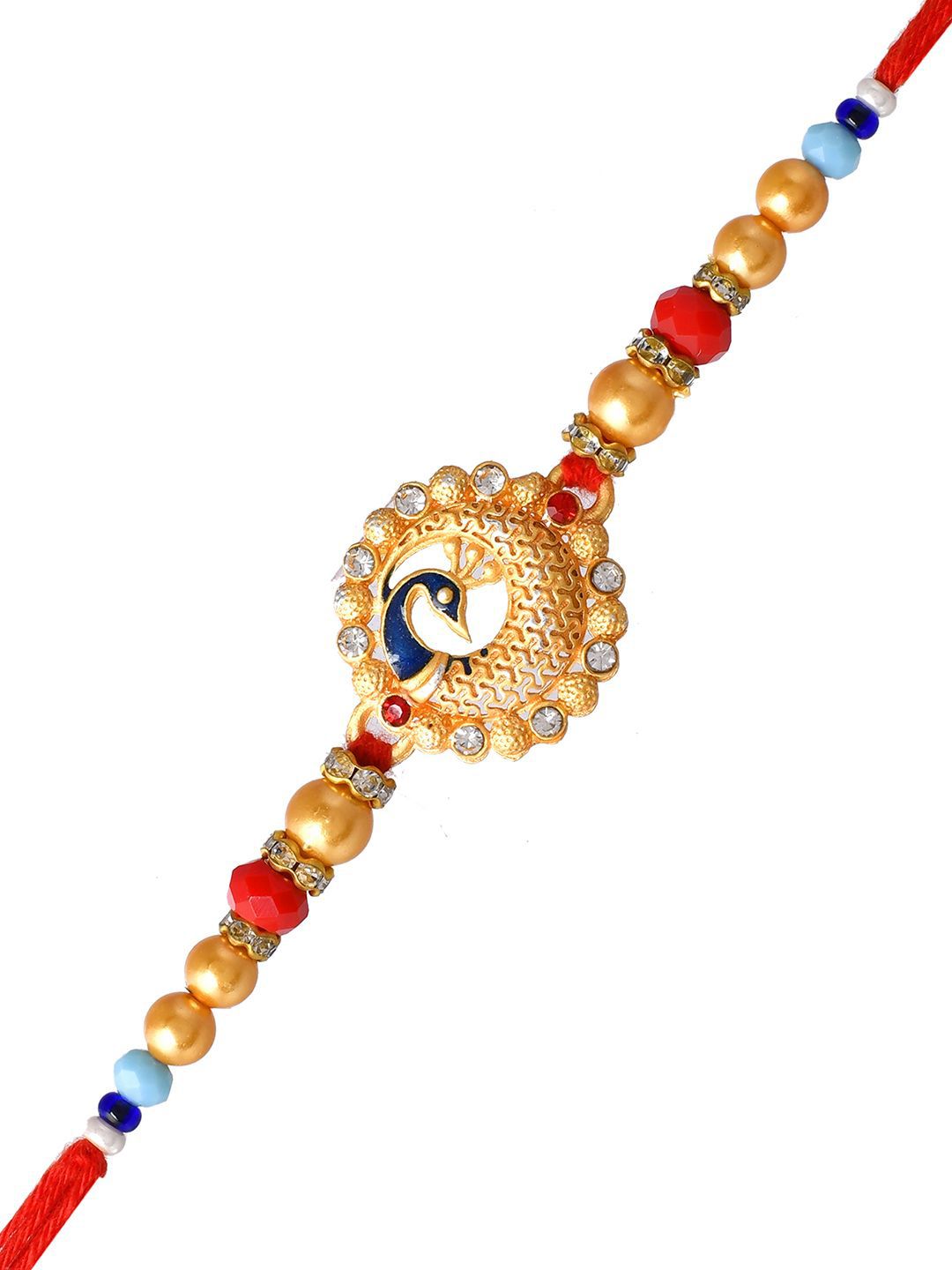 Anouk Gold Toned Beaded Peacock Patterned Rakhi With Roli Chawal & Greeting Card