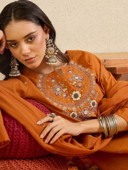Women Ethnic Motifs Embroidered Regular Thread Work Pure Cotton Kurta with Trousers & With Dupatta
