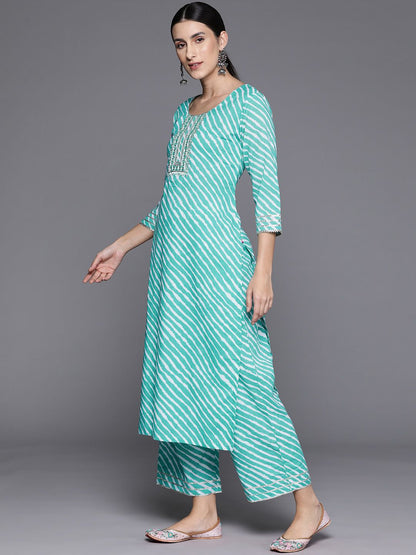 Indyancart VA Women's Leheriya Striped Regular Gotta Patti Cotton Kurta with Trousers & Dupatta