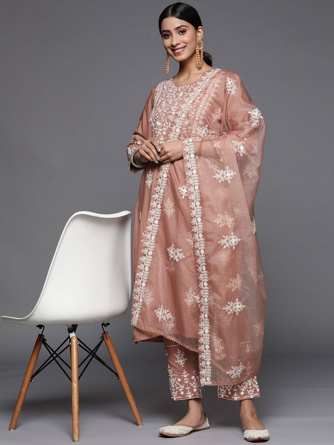 Dhiyona VA Women's Beige Thread Embroidered Pure Cotton Kurta with Trouser and Dupatta