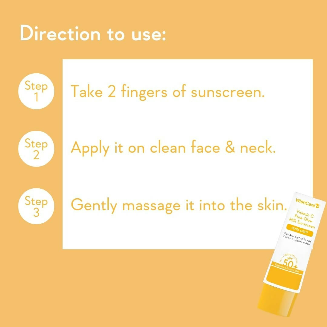 Wishcare Vitamin C Pure Glow Milk Sunscreen SPF 50 bottle showing the product label and packaging.