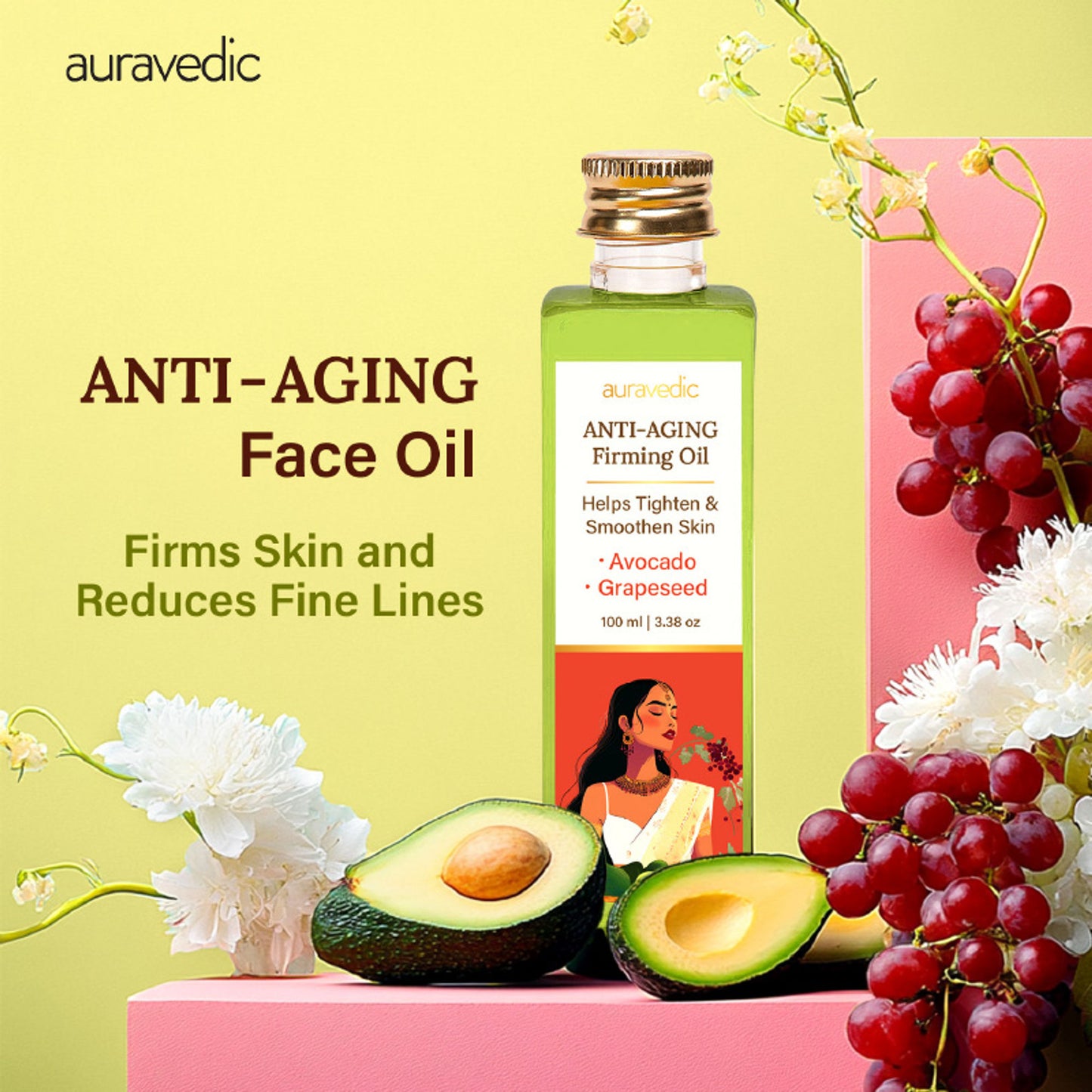 Auravedic Anti Ageing Serum Face Oil For Glowing Skin With Avocado Grapeseed Firming Oil