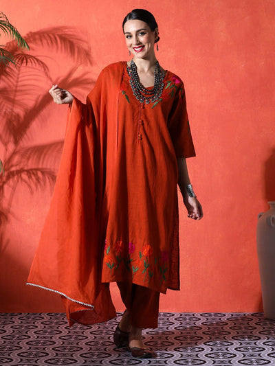 Indyancart SN Women's Embroidered A-Line 100% Cotton Kurta & Trousers Kurta Set