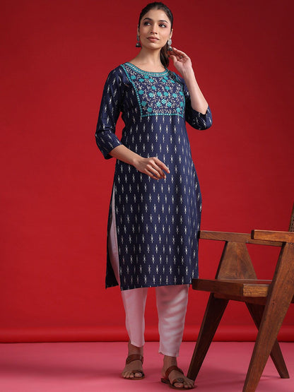 Indyancart IE Ethnic Motifs Round Neck Regular Mirror Work Straight Kurta Kurta